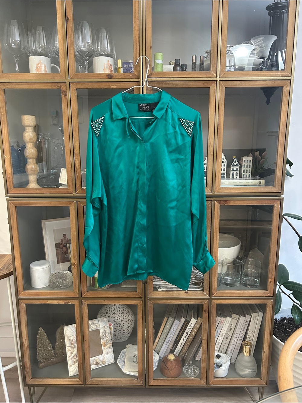 Vintage Marc Allan 100% Silk Emerald Button-Up Blouse with Studded Shoulders